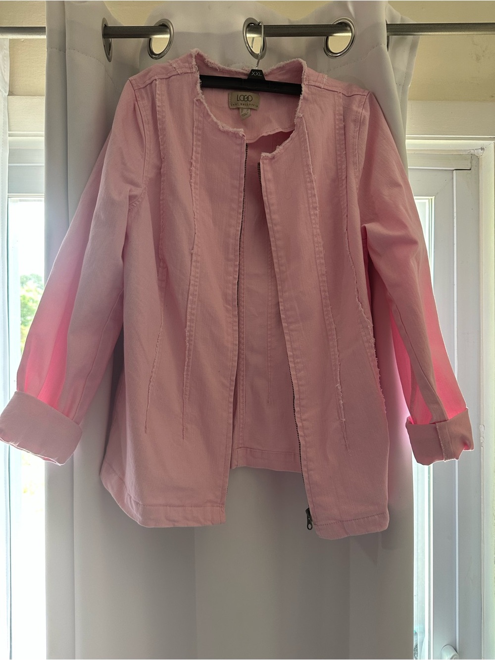 LOGO by Lori Goldstein Soft Pink Frayed Open Jacket